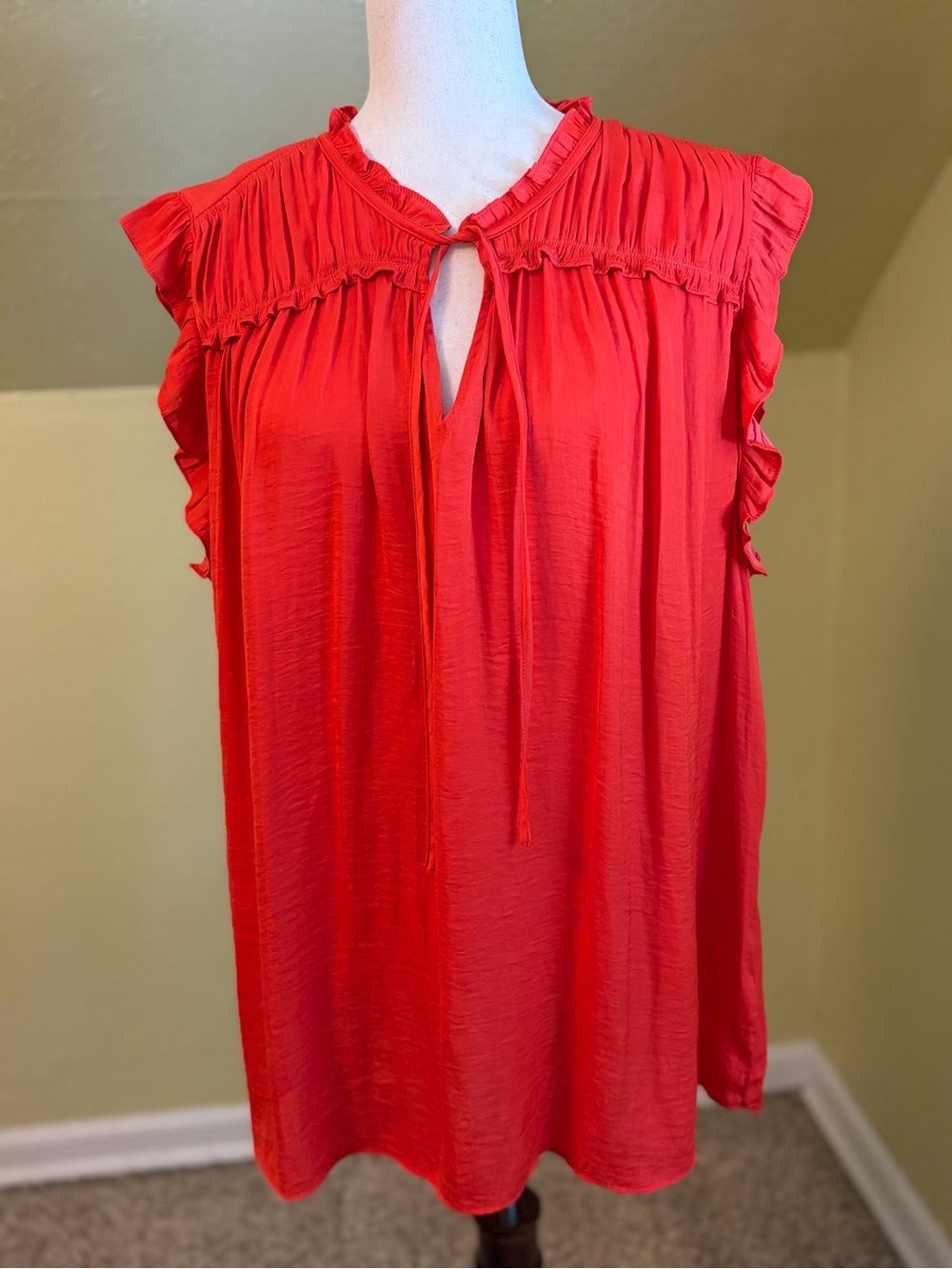 Joie Coral Tie-Neck Sleeveless Ruffle Blouse